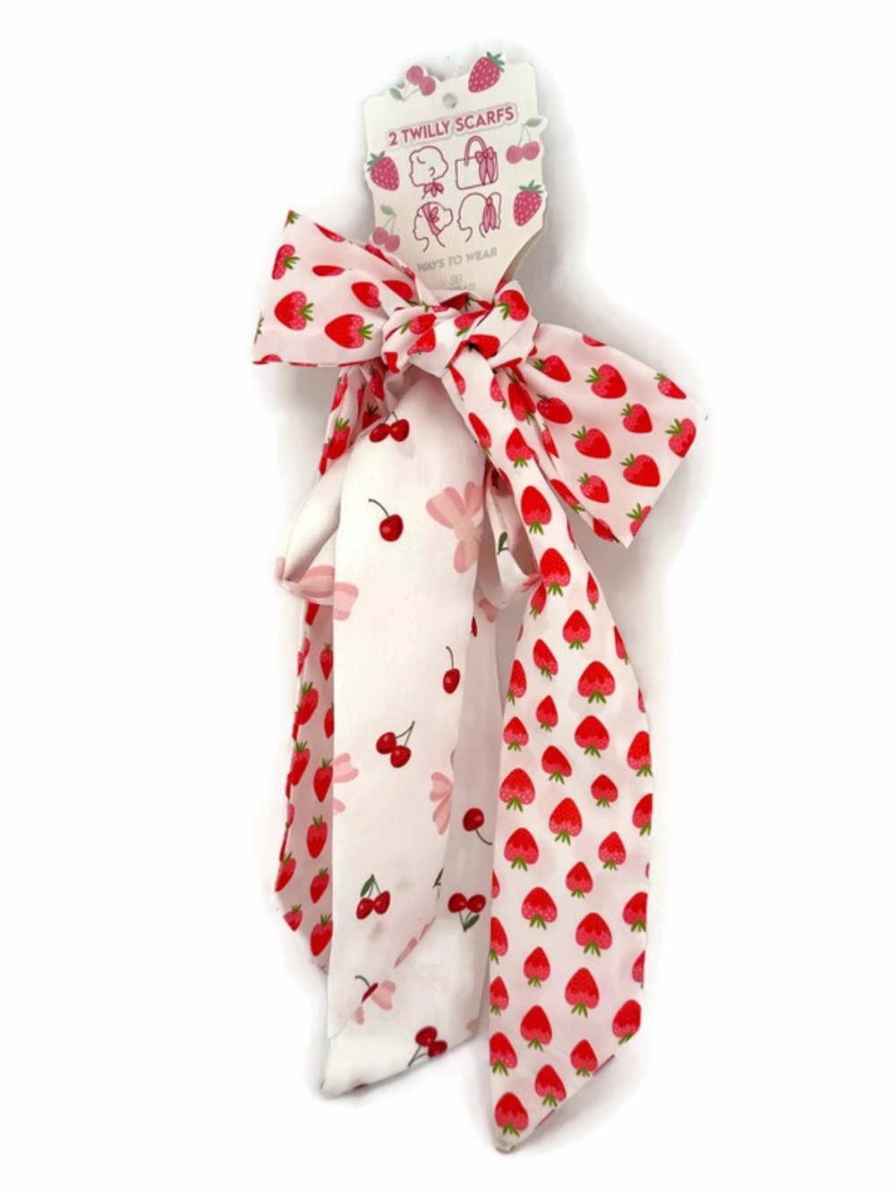 Set of 2 Twilly Scarves Strawberries Cherries Pink Bows